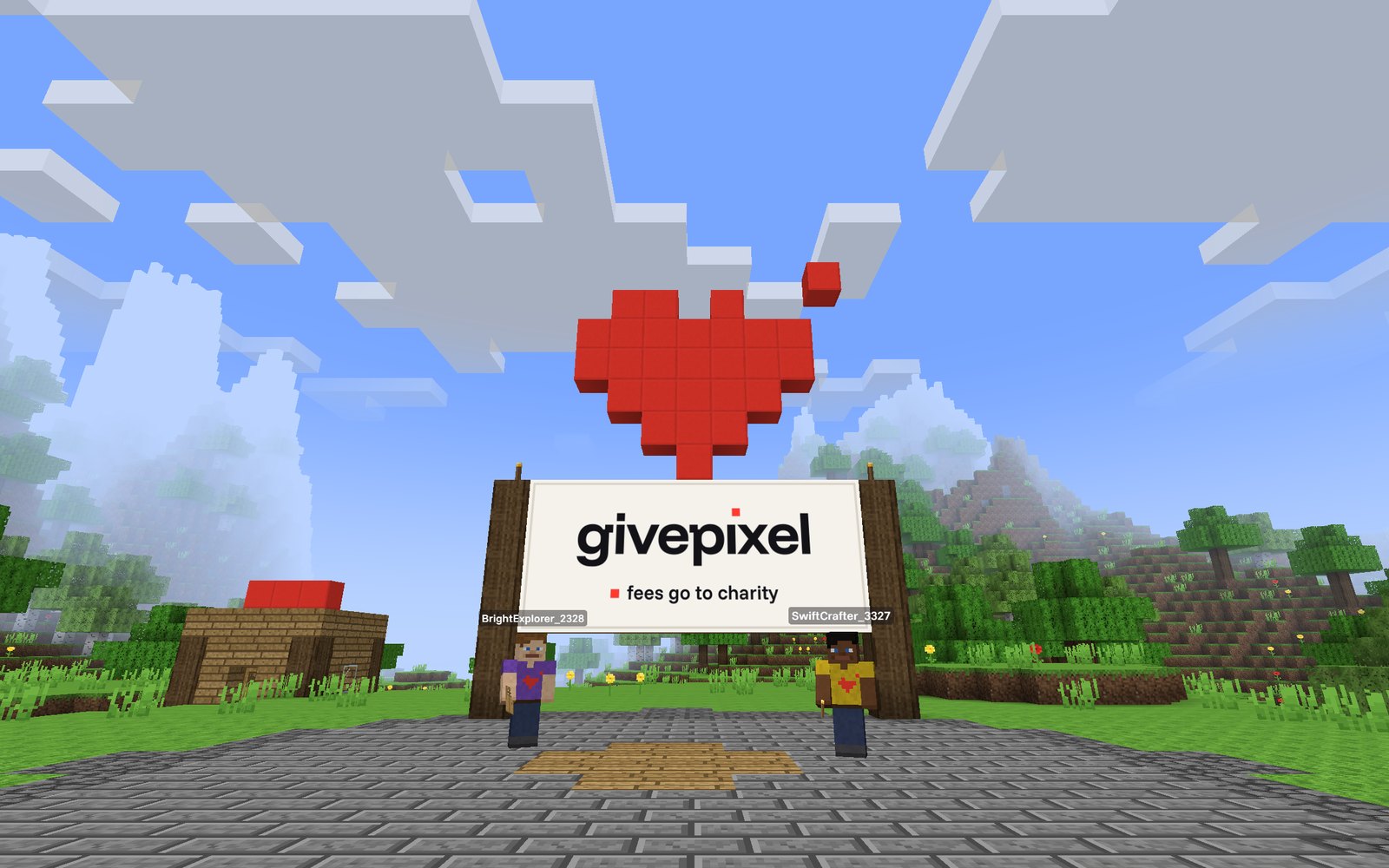 The Givepixel spawn: the sign board with the red pixel heart on top, players around it